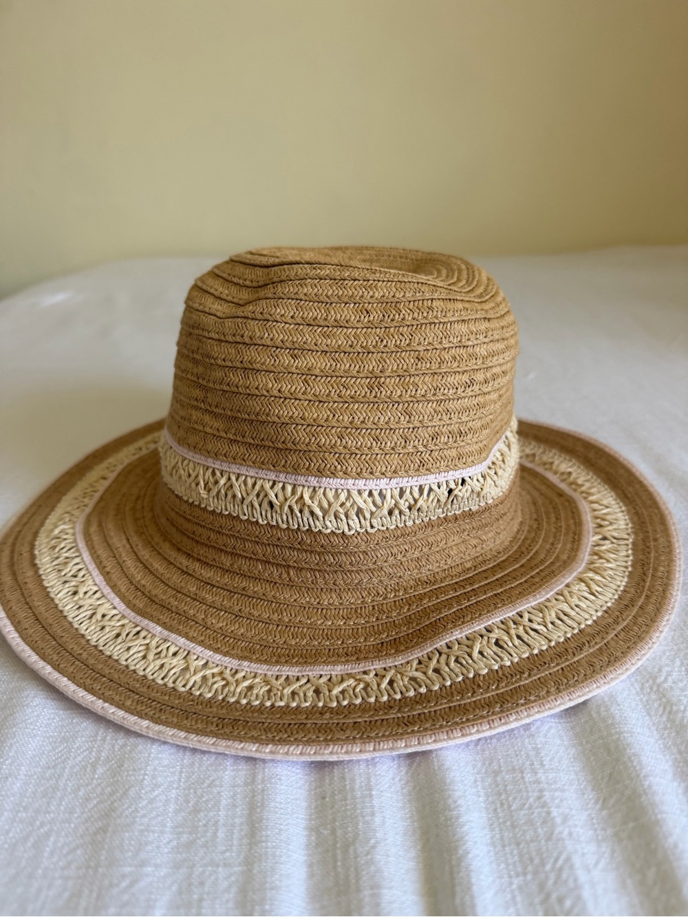 Women's Tan Straw Sun Hat with Cream Trim and Subtle Pink Edge - Picture 1 of 8